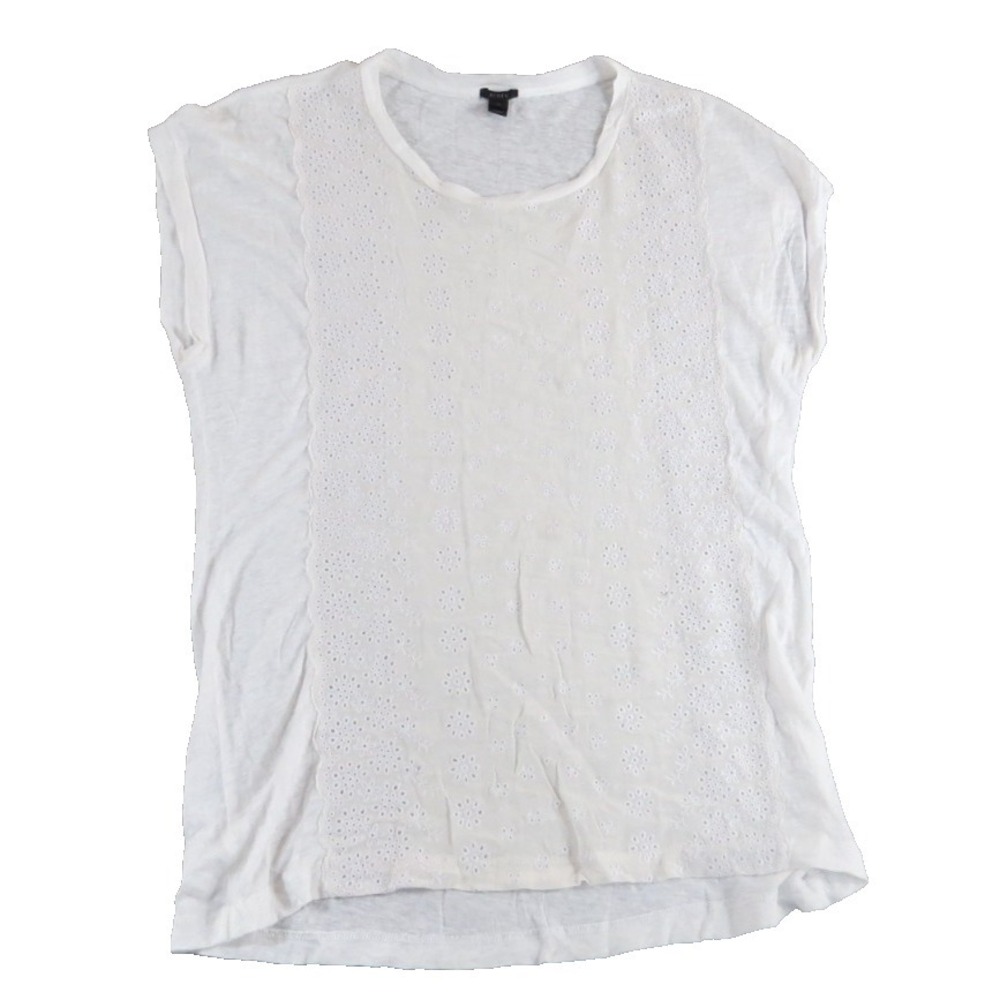 JCrew Linen Silk Eyelet Embroidered Top White Short Sleeve Womens M Floral Lace‎